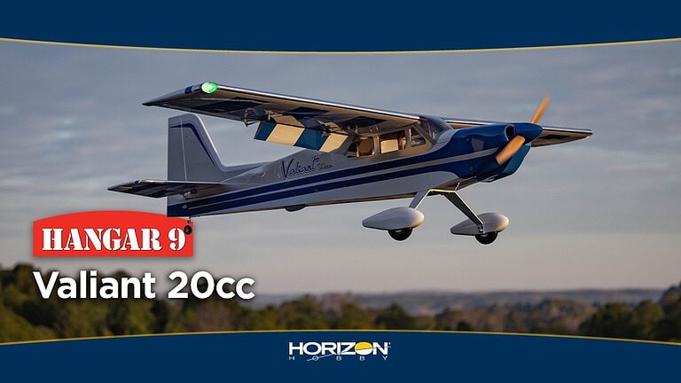 A detailed view of the Hangar 9 Valiant 20cc 86.5" RC airplane in flight, showcasing its sleek design and realistic features during a daytime flight.