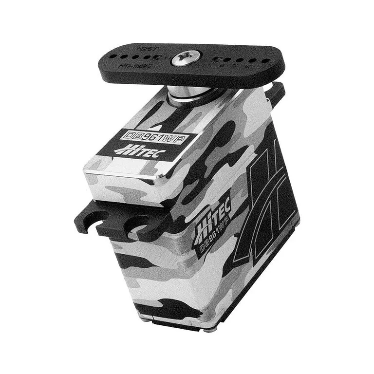 Close-up of Hitec RC servo with camouflage design, showcasing its mechanical components and mounting bracket for remote-controlled models.