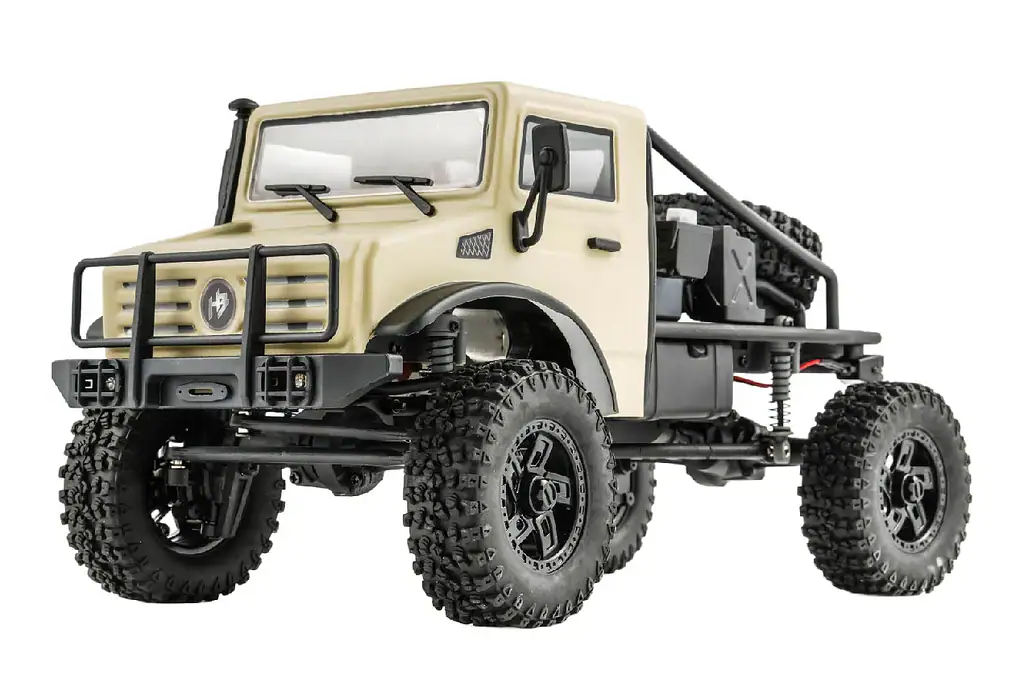 RC off-road truck with rugged tires, detailed chassis, and realistic design, perfect for RC hobby enthusiasts and scale RC vehicle customization.