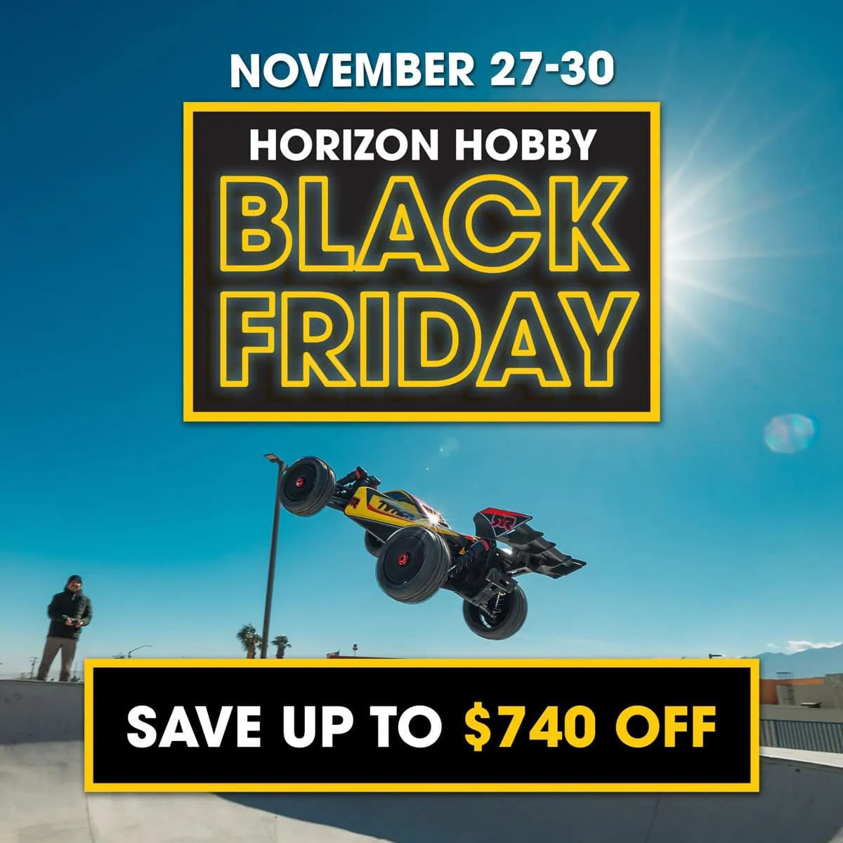 High-quality RC car flying at dusk with clear blue sky in background for Black Friday sale promotion.