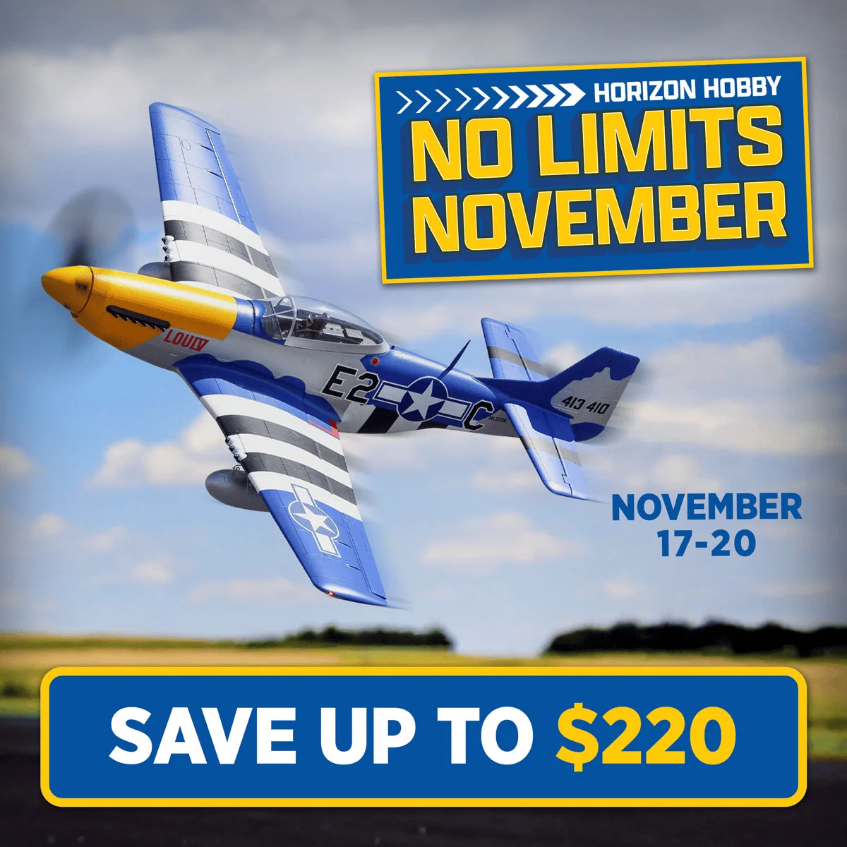 RC airplane in flight advertising Horizon Hobby's November sale with up to $220 discount, featuring dynamic jet model with aviation-themed graphics on a bright sky background.