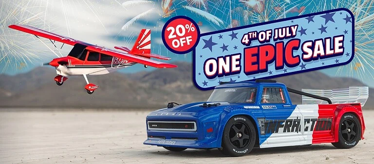 RC Newb promotional image featuring a red and white airplane and a blue RC truck with 20% off for the 4th of July sale.