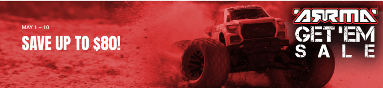 Off-road RC truck participating in Horizon Hobby's 2026 ARRMA Get'Em Sale, showcasing durability and performance on dirt terrain.