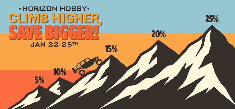 Image shows a mountain chart highlighting progression percentages from 5% to 25% with an RC vehicle climbing the peaks, promoting Horizon Hobby's RC hobbies and remote control car accessories for enthusiasts.