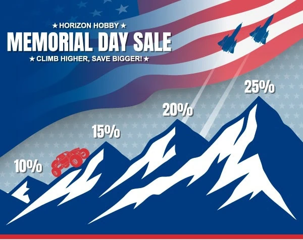 Horizon Hobby Memorial Day Sale featuring discounts on RC cars, drones, and accessories with up to 25% off, perfect for RC enthusiasts and hobbyists.