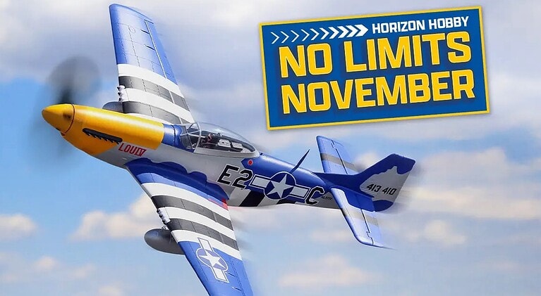 RC airplane in flight with Horizon Hobby No Limits November banner, showcasing RC jets and hobby model aircraft.