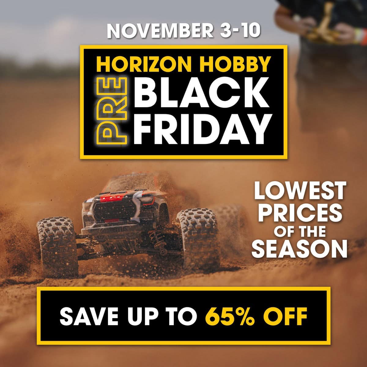 Horizon Hobby RC Black Friday sale promotion featuring remote control cars with discounts up to 65%.