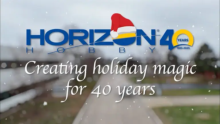 Horizon Hobby logo with Santa hat, celebrating 40 years of creating hobby magic since 1985, in festive holiday background.
