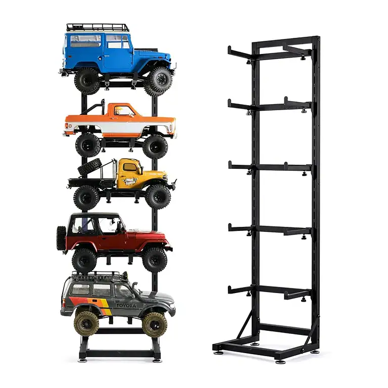 Off-road RC cars displayed on a wall-mounted shelving unit, featuring detailed miniature vehicles such as a blue Land Rover, orange pickup, yellow monster truck, red Jeep, and Toyota SUV, ideal for RC hobby enthusiasts.