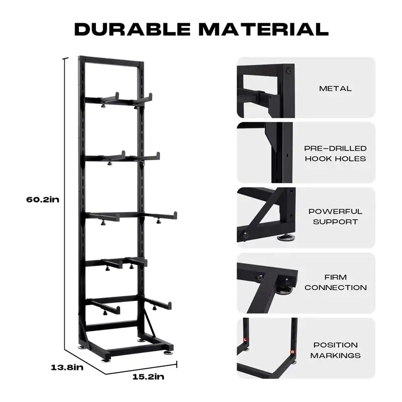 Durable steel rack with pre-drilled hook holes, powerful support, and firm connections ideal for garage or workshop organization.