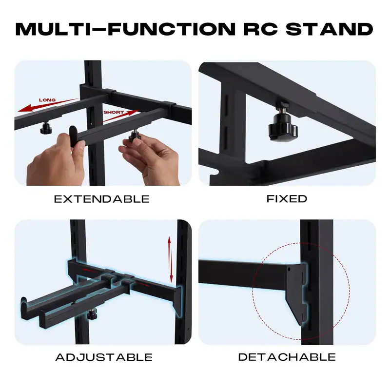 High-quality multi-function RC stand with extendable, fixed, adjustable, and detachable features for versatile remote control car and drone setup.