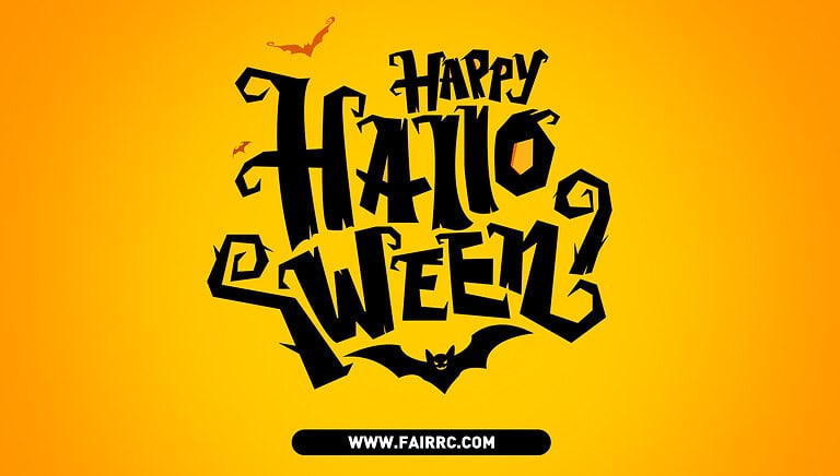 Spooky Halloween greeting with bold black text, bats, and a mischievous bat face on a vibrant orange background, perfect for celebrating Halloween and holiday-themed RC enthusiast content.