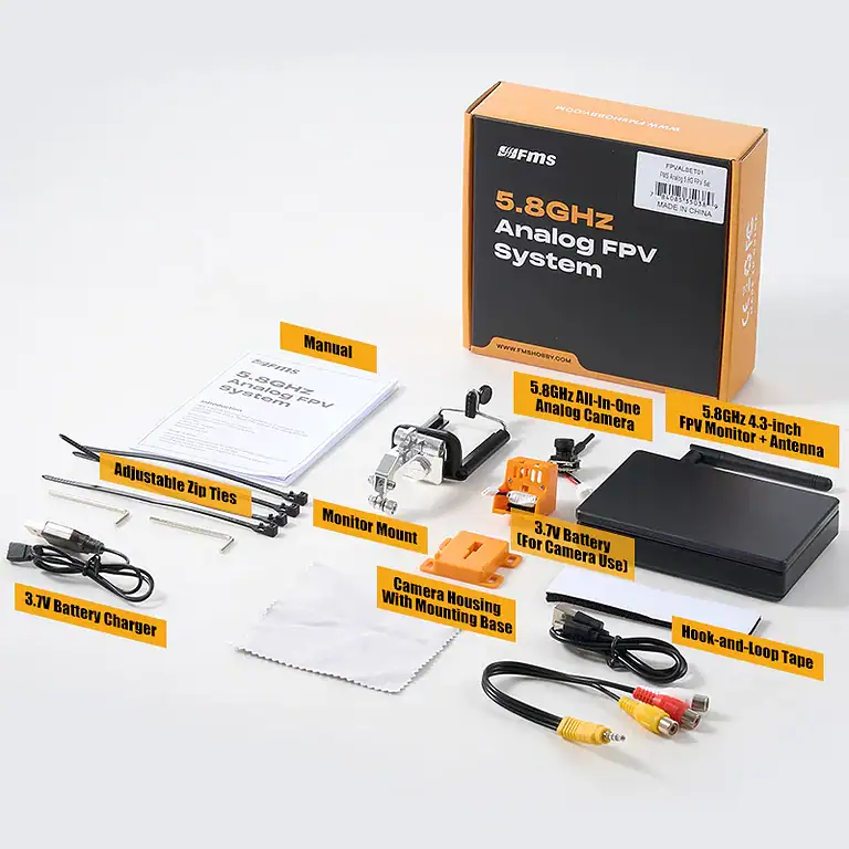 High-quality 5.8GHz analog FPV system including monitor, antenna, camera, batteries, and accessories for remote control drone racing and flying.