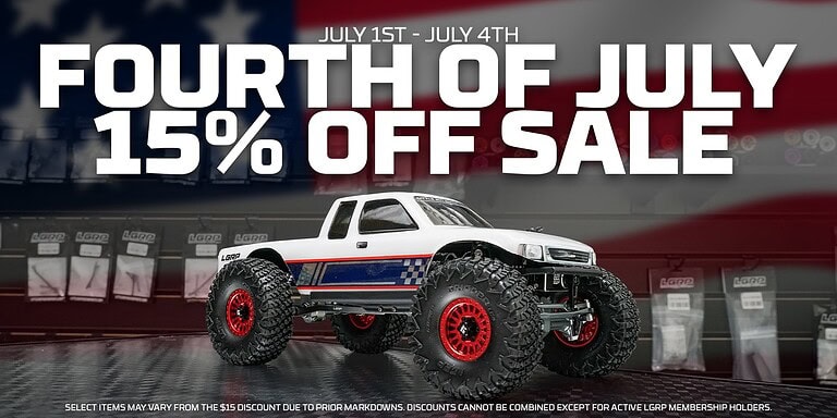 RC car on sale for Fourth of July with 15% discount, featuring a white body, red wheels, and off-road tires, promotional banner for RC Newb.