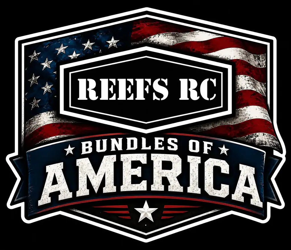 Reefs RC logo featuring an American flag background and bold text, representing RC car enthusiast community in America.