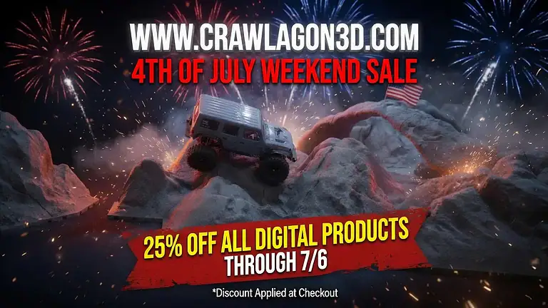 Celebrating Independence Day with fireworks and a Jeep climbing rocky terrain, promoting a 25% discount on all digital products at crawlagon3d.com.