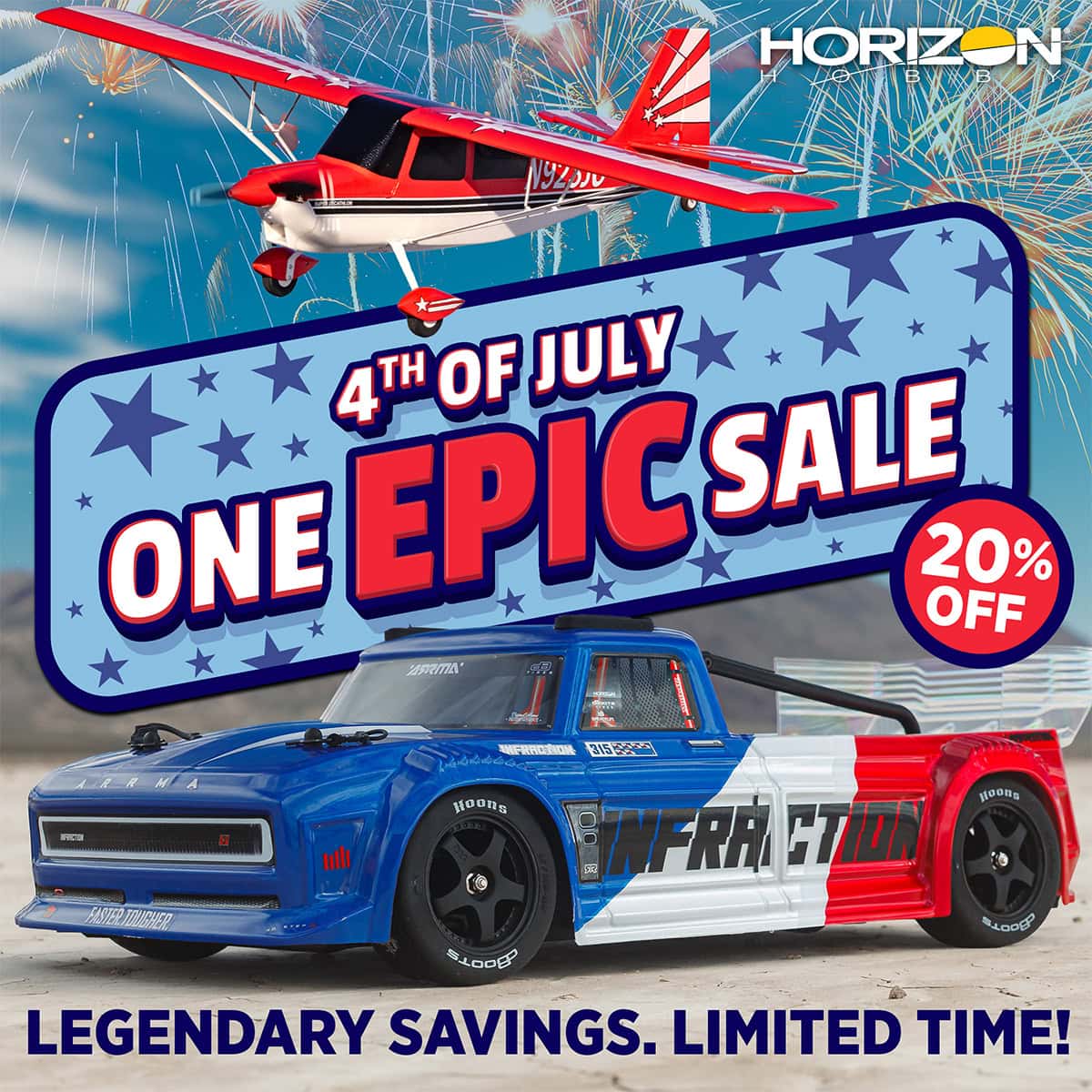 RC Newb 4th of July sale featuring remote control airplane and car with fireworks background and 20% discount.