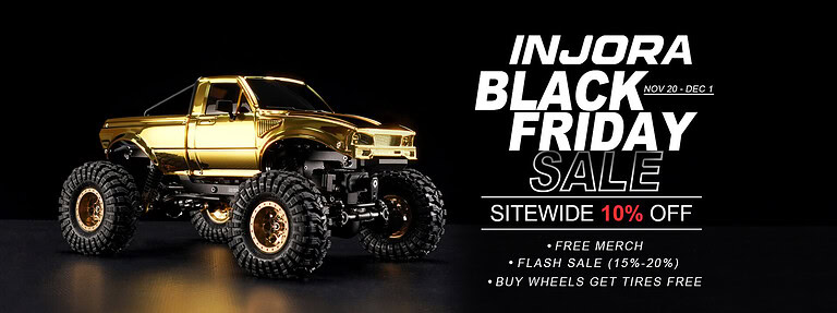 RC monster truck with large tires, gold finish, and remote control on a black background. Perfect for hobbyists and RC enthusiasts during Black Friday promotional event.