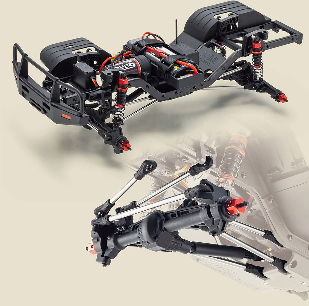 Detailed image of a high-performance RC car chassis with electric motor, suspension, and steering components, perfect for hobbyists and RC racing enthusiasts.
