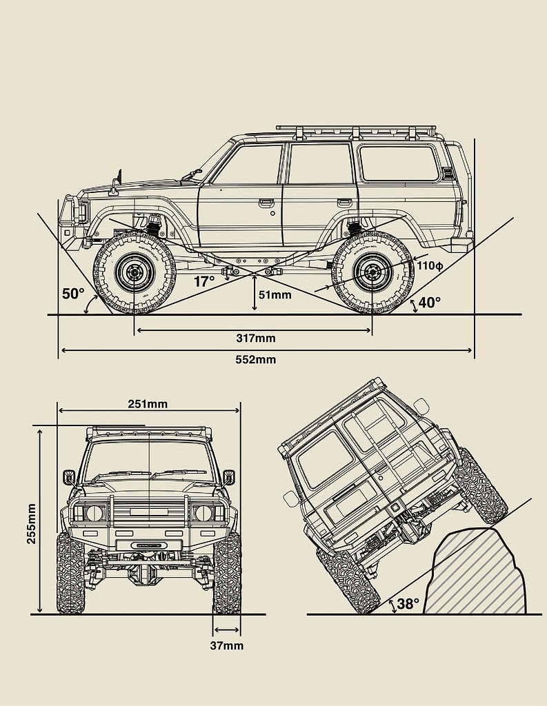 Highly detailed technical drawing of a scale remote control off-road vehicle with dimensions, angles, and suspension details.