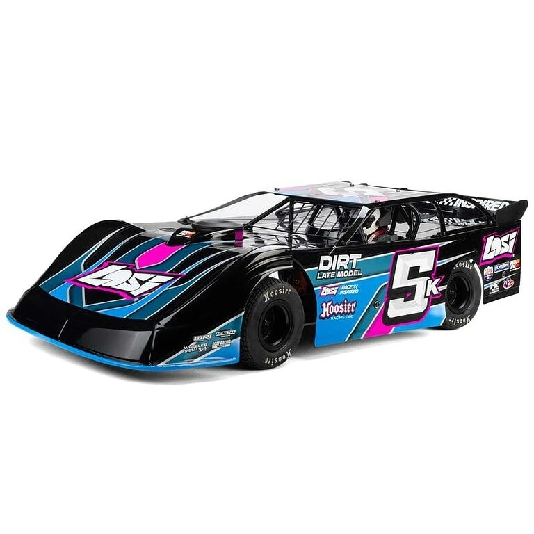 Detailed image of the Losi 22S 1/10 Dirt Late Model R/C race car with vibrant black, pink, and blue graphics, showcasing its aerodynamic design and racing features.