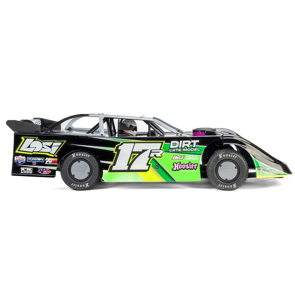 Detailed side view of the Losi 22S 1/10 Dirt Late Model R/C race car with vibrant graphics and sponsor decals, perfect for RC racing enthusiasts.