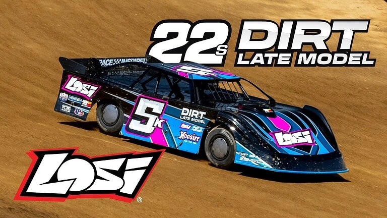 RC dirt late model race car on dirt track with bold graphics and sponsor logos, designed for remote control racing enthusiasts.