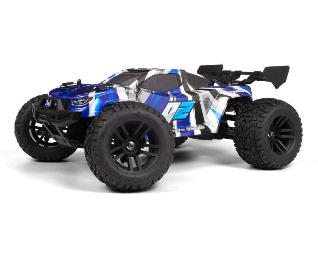 High-performance RC car with rugged tires, blue and black racing design, suitable for off-road tracks, perfect for RC hobby enthusiasts, durable construction for remote control racing.