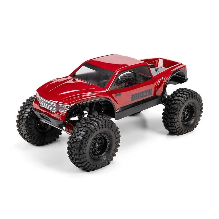 Red Pro-Line 1/10 Brute RC crawler body with large off-road tires and detailed design, perfect for RC enthusiasts and hobbyists.