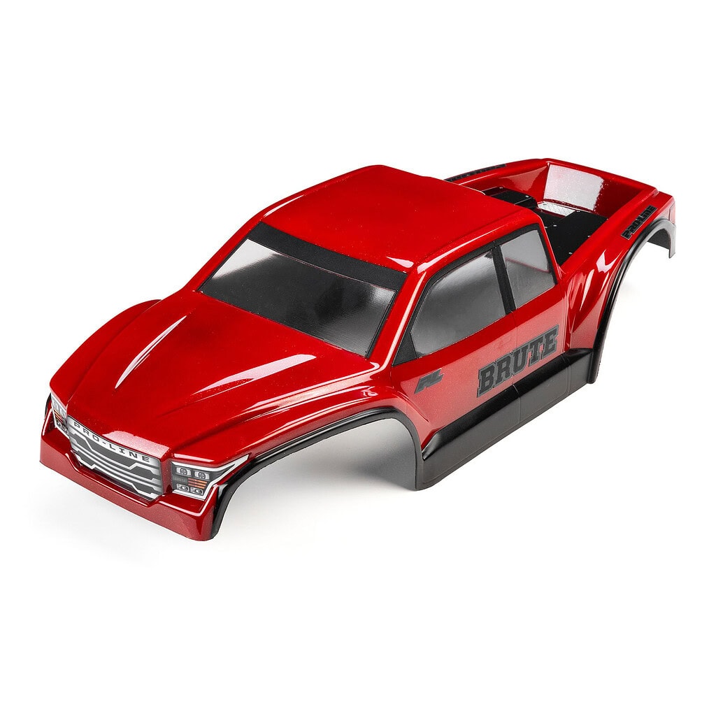 Red Pro-Line 1/10 scale Brute R/C crawler body with black accents and detailed front grille, designed for off-road RC vehicles.
