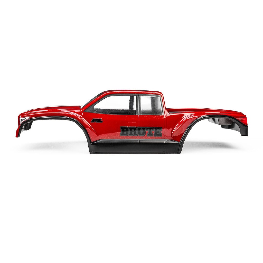Red Pro-Line 1/10 scale Brute R/C crawler body with black accents and clear windows, designed for off-road RC vehicles.