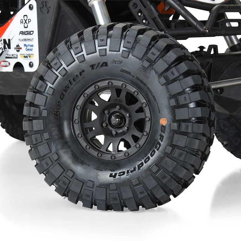 Close-up image of a durable RC off-road tire with rugged tread pattern, suited for off-road RC vehicles and hobby enthusiasts, emphasizing performance and grip.