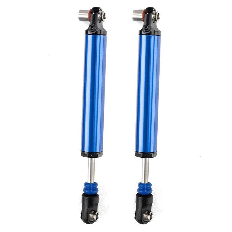 Pair of blue anodized RC car shock absorbers with black and silver components, designed for remote control off-road vehicles.