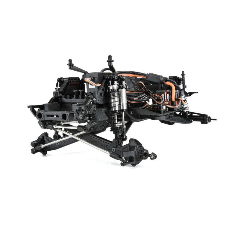High-performance RC car chassis with motor, suspension, and electronic components, ideal for off-road racing and hobby enthusiasts.