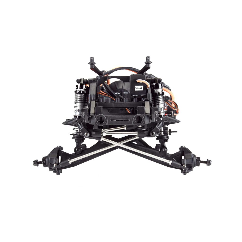 High-performance RC car chassis with suspension and electronic components, ideal for hobbyists and racing enthusiasts seeking durable and precise remote-controlled vehicle parts.