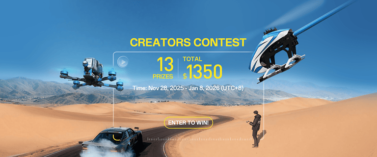 High-quality image of a racing drone and RC helicopter in a desert landscape with mountains, promoting the RC Newb Creator's Contest for RC enthusiasts and drone racers.