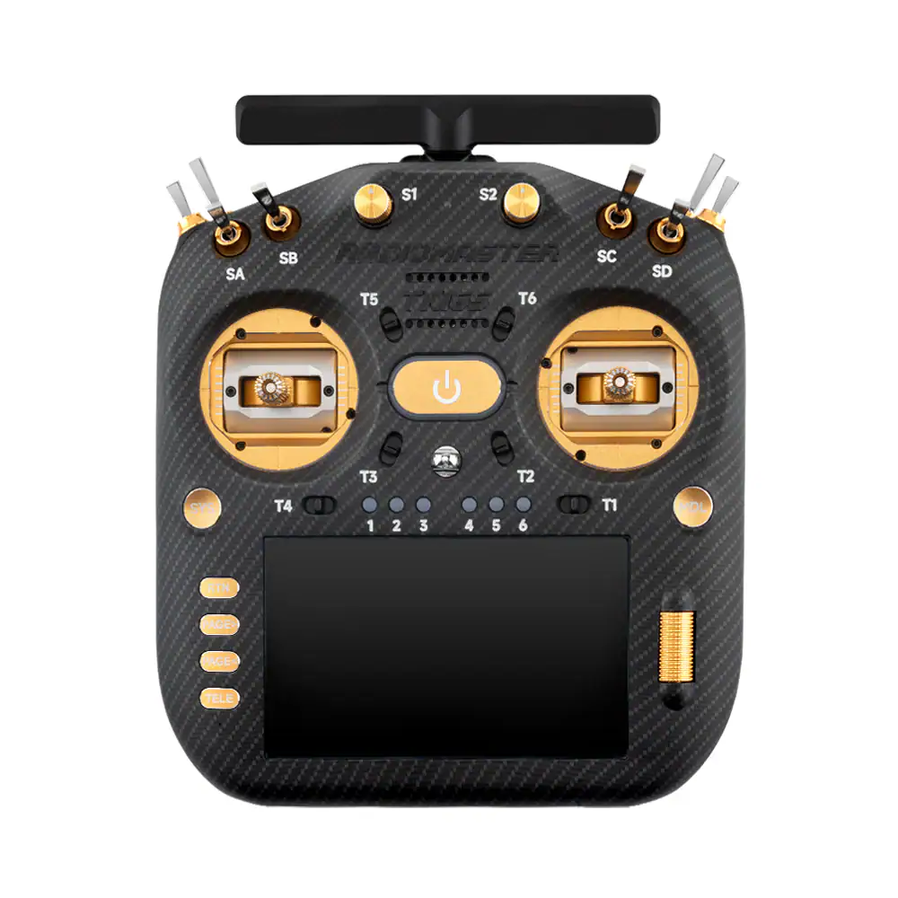 An advanced RC drone transmitter featuring a sleek carbon fiber design, gold toggle switches, adjustable trims, and a large LCD for easy parameter adjustments.