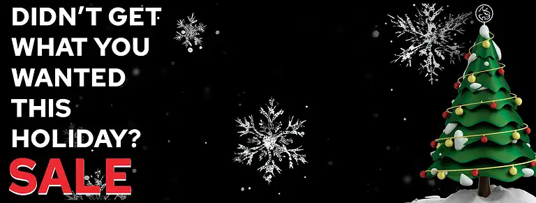 Decorated Christmas tree with RC Santa ornament, surrounded by snow and snowflakes on a black background, ideal for holiday RC-themed content and festive celebrations.