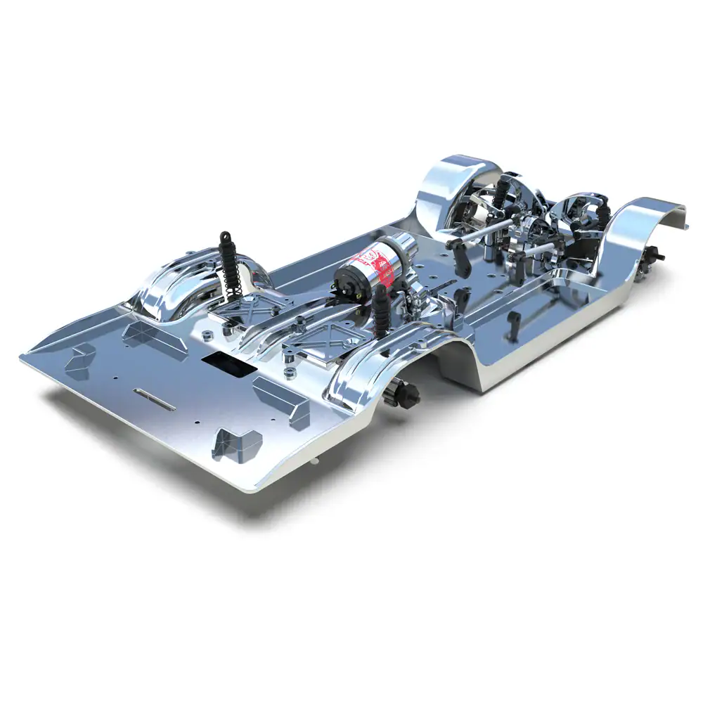 Highly detailed RC car chassis with metal frame, suspension, and motor components, showcasing precision engineering for remote control car enthusiasts and hobbyists.