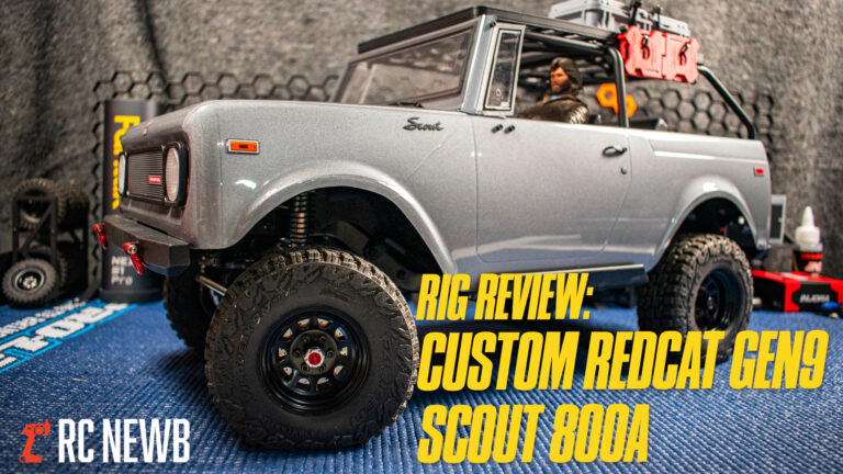 RC off-road vehicle with custom Redcat Gen9 Scout 800A rig, detailed suspension, rugged tires, and accessories, positioned in a hobby workspace for RC model review and customization insights.