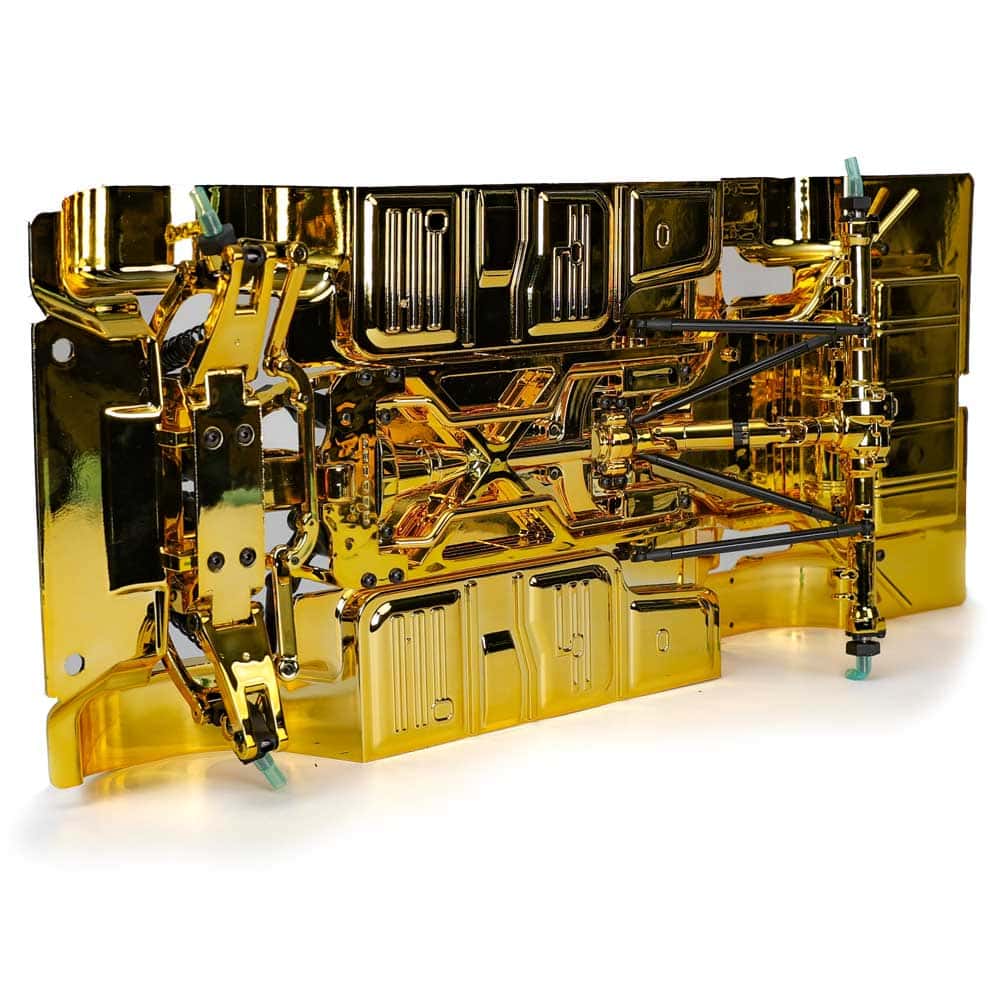 High-tech gold-plated satellite hardware component for RC and aerospace applications, showcasing precision engineering and advanced technology.