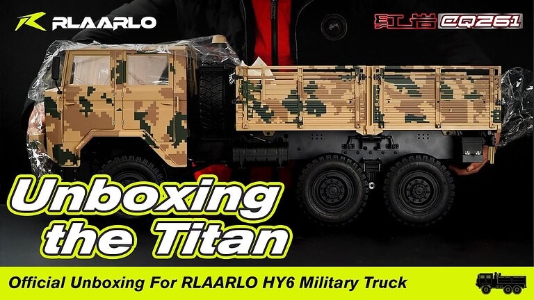 Rlaarlo HY6 6x6 military RC truck with camouflage design, detailed military features, and rugged construction for off-road RC vehicle enthusiasts.