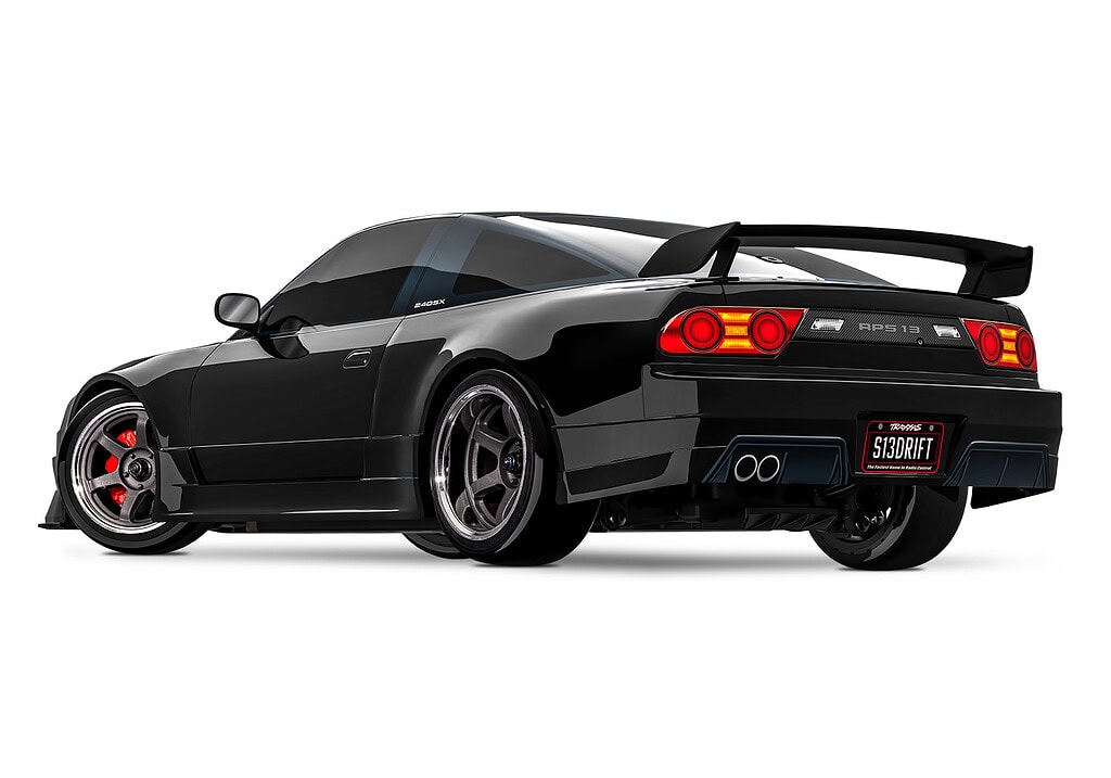 High-performance black Nissan 240SX drift car with custom wheels, sporty spoilers, and aggressive design, perfect for RC racing enthusiasts and drifting hobbyists.