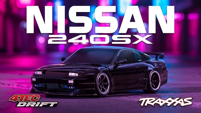 A sleek black Nissan 240SX sports car with aftermarket modifications, showcased in a vibrant neon-lit urban setting with pink and purple hues, perfect for RC and car enthusiast content.