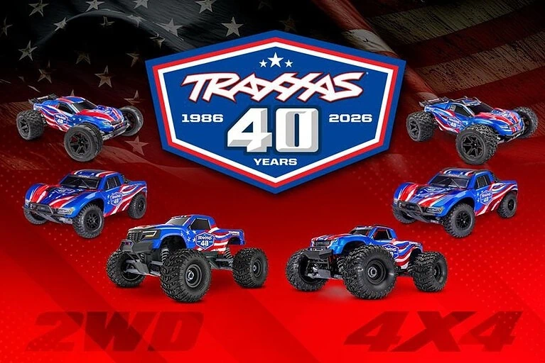 Collection of Traxxas RC cars celebrating 40 years with patriotic red, white, and blue designs, featuring 2WD and 4X4 models.