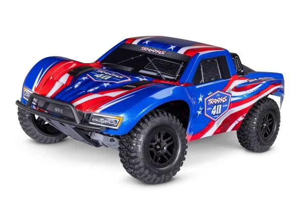 Remote control off-road car featuring a patriotic American flag design, rugged tires, and a sleek body for high-performance RC racing and off-road adventures.