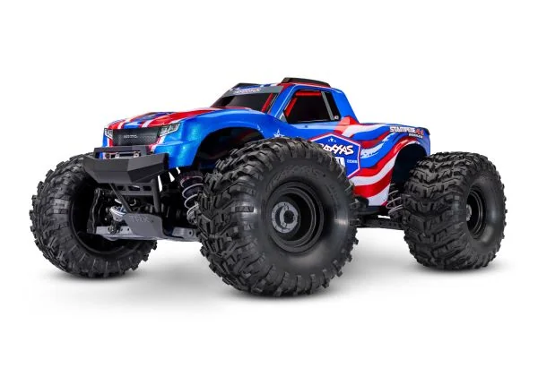 High-performance RC off-road monster truck with large tires, vibrant blue and red design, perfect for hobbyists and RC enthusiasts.