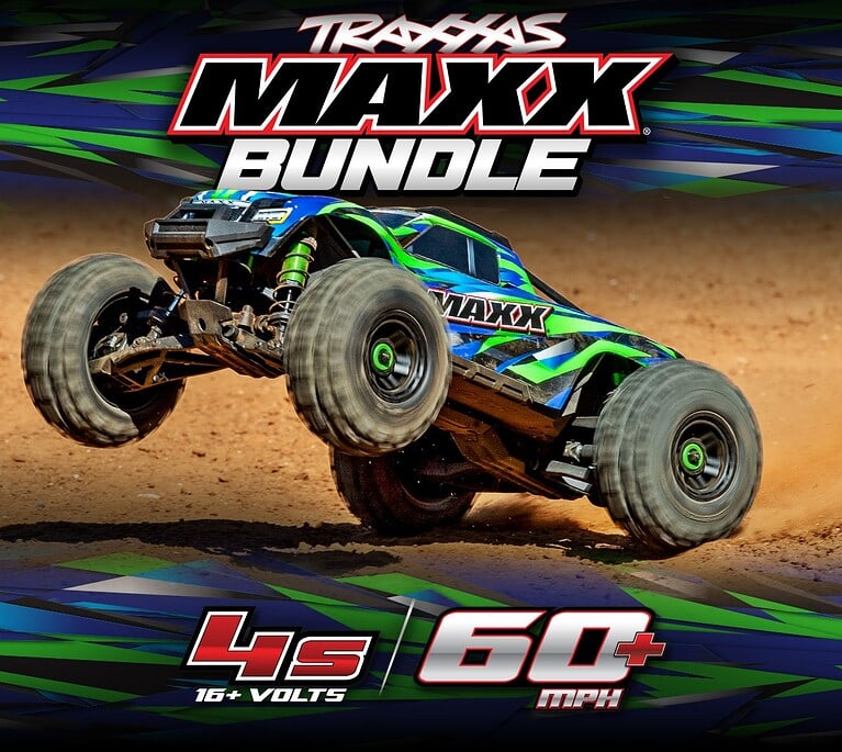 Traxxas Maxx RC monster truck in action on dirt track, showcasing high speed and durability for RC enthusiasts.