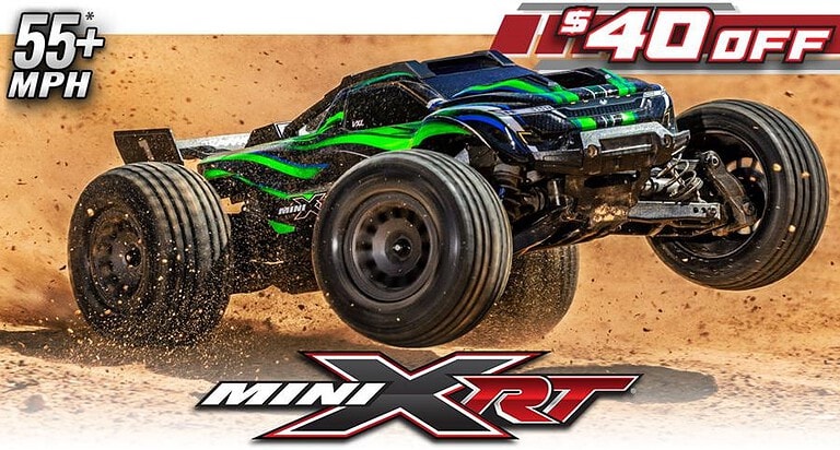High-speed Traxxas Mini XRT RC car racing on dirt, showcasing powerful performance with speeds over 55 MPH, perfect for RC enthusiasts and hobbyists.