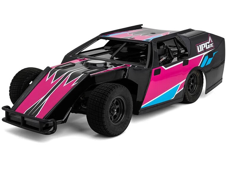 High-performance RC racing car with vibrant pink, black, and blue graphics, designed for hobbyists and RC racing enthusiasts, featuring durable tires and aerodynamic build.